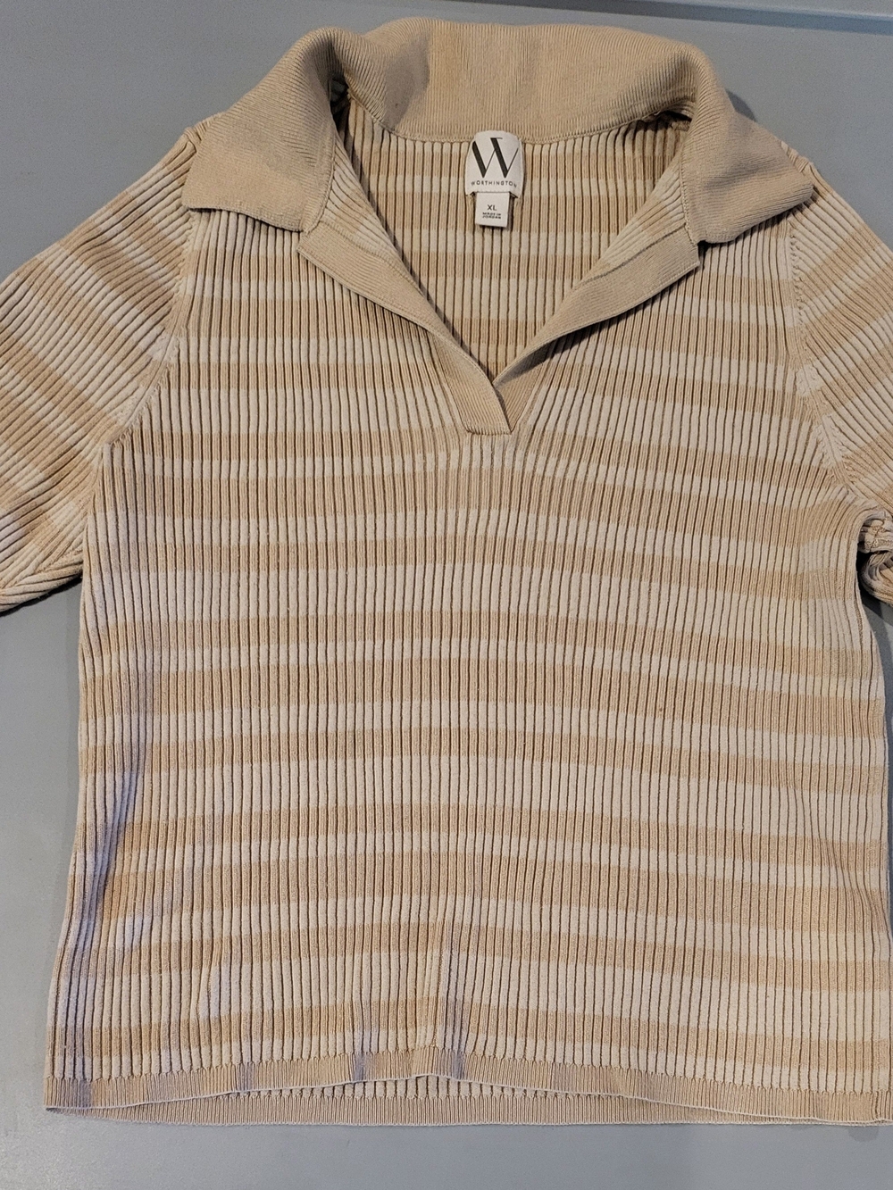 Worthington Beige & Cream Ribbed Short-Sleeve Polo Top